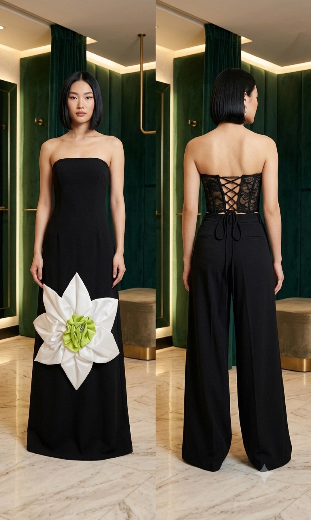 Full-length black Bloom Bodice with white and chartreuse flower motif