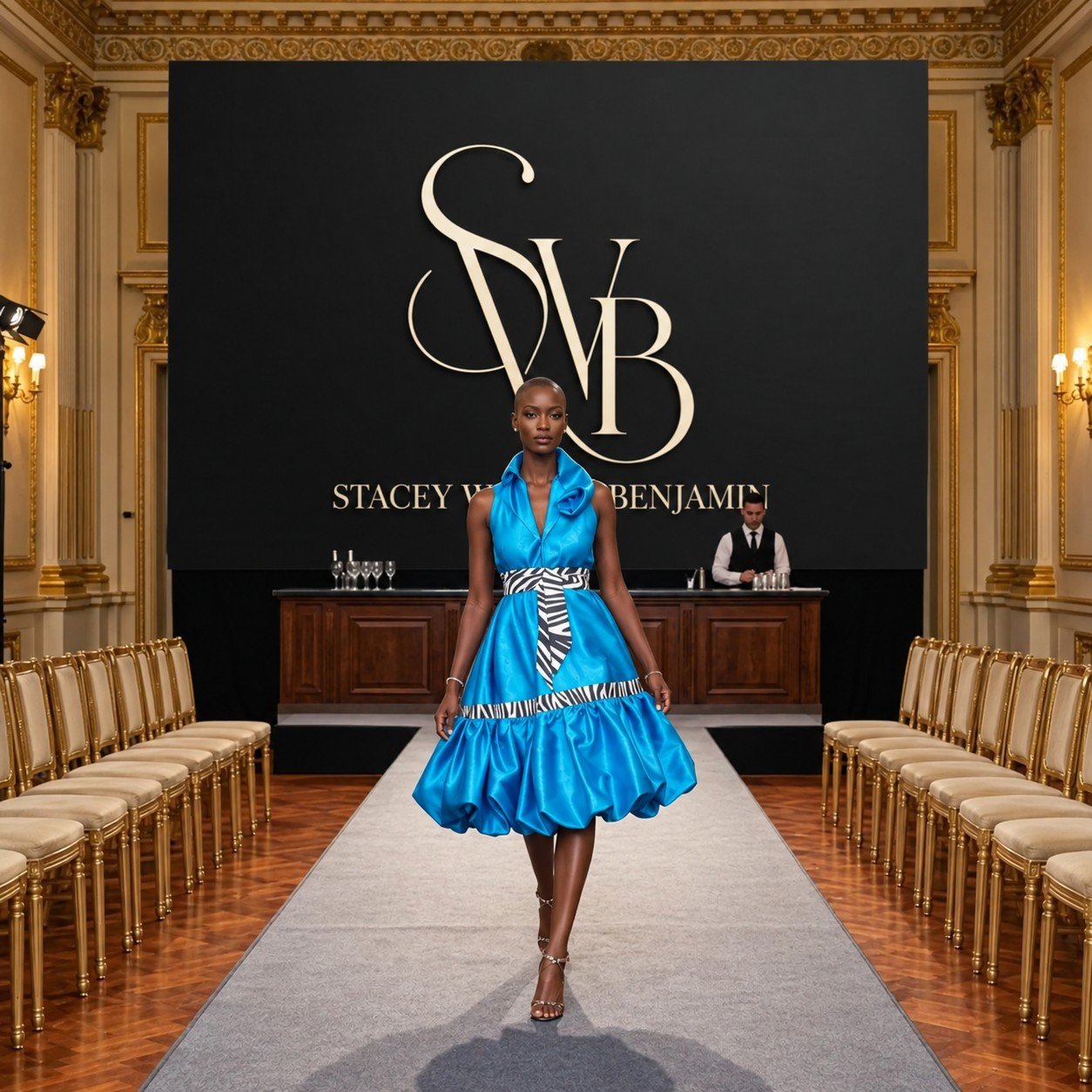 Model walking the runway in the Cerulean Cloud blue satin gown with zebra-print sash, with empty seats along the runway