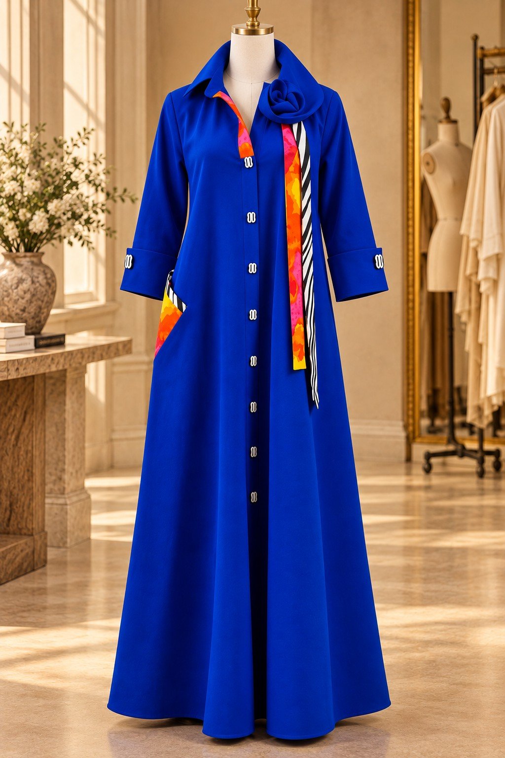Cobalt Mood, a cobalt blue maxi shirt-dress on a dress form, with a collar sculpted into a flower, mixed-print strips falling from the shoulder and an oversized angled side pocket