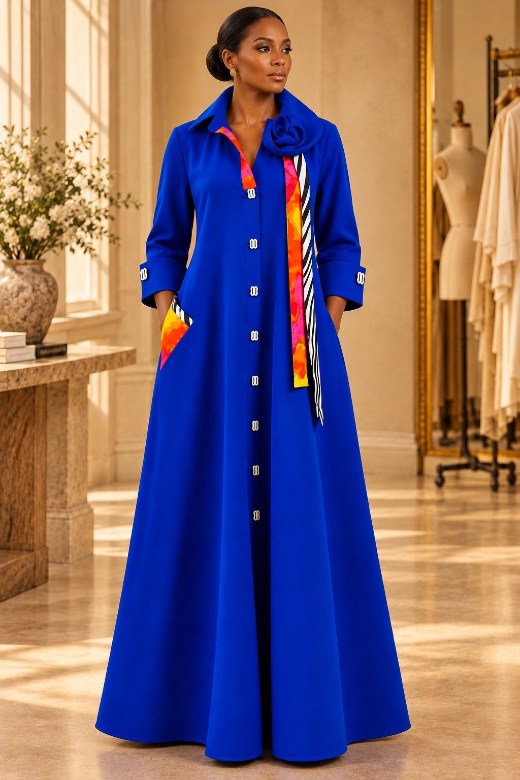 Model wearing the Cobalt Mood, a cobalt blue maxi shirt-dress with a collar sculpted into a flower, mixed-print strips falling from the shoulder and an oversized angled side pocket