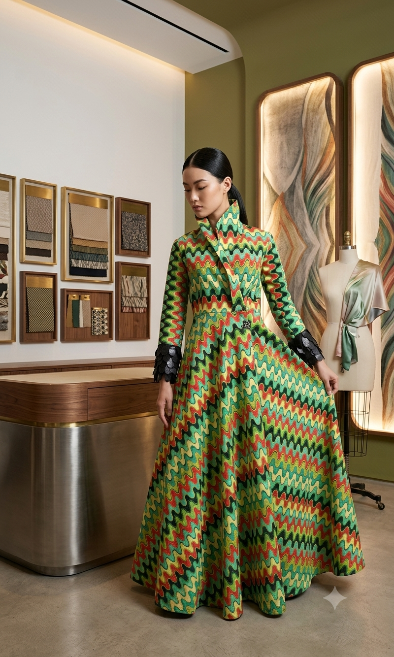 Full-length patterned gown representing heritage made visible