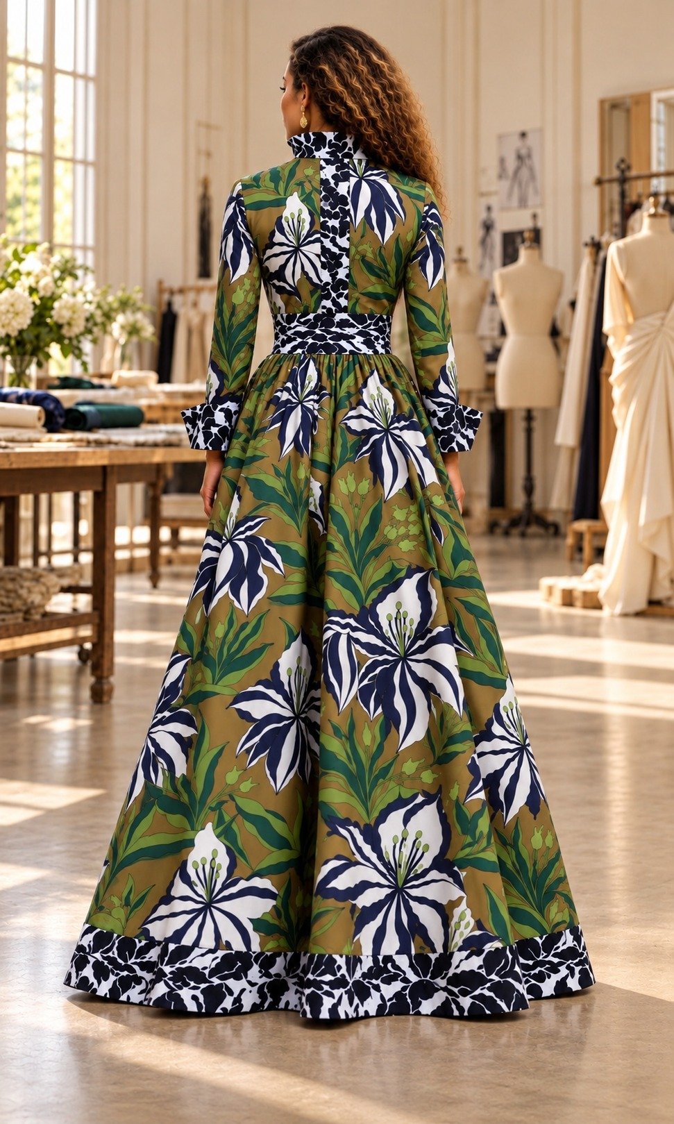 Back view of the La Fleur Coat Dress showing the printed spine panel, belted waist and full skirt