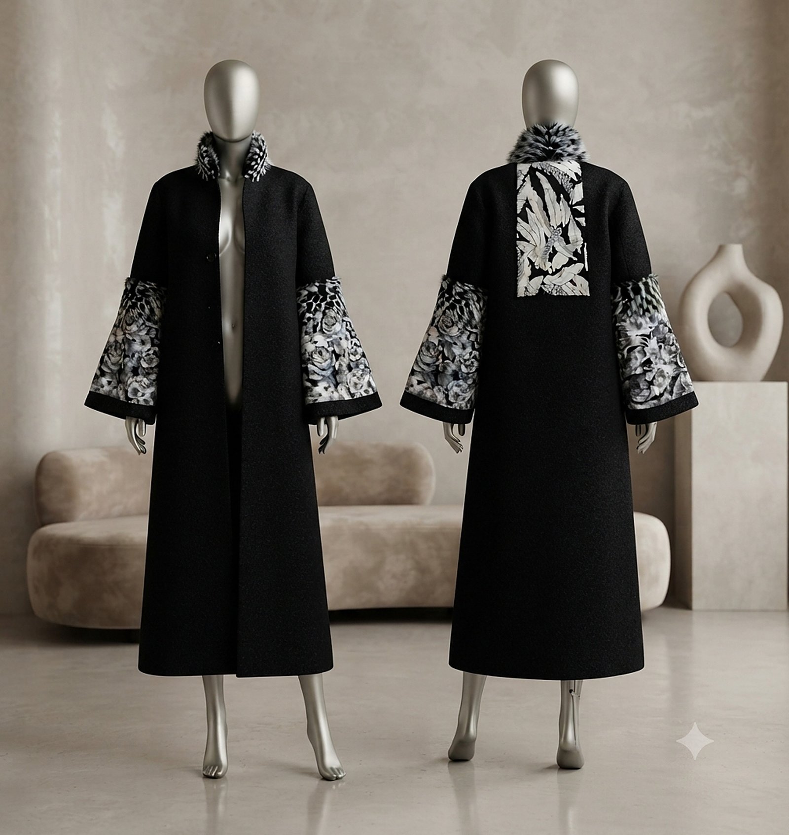 Front and back full-length views of a black OOO-AṢA coat with floral and leopard-print cuffs and fur collar