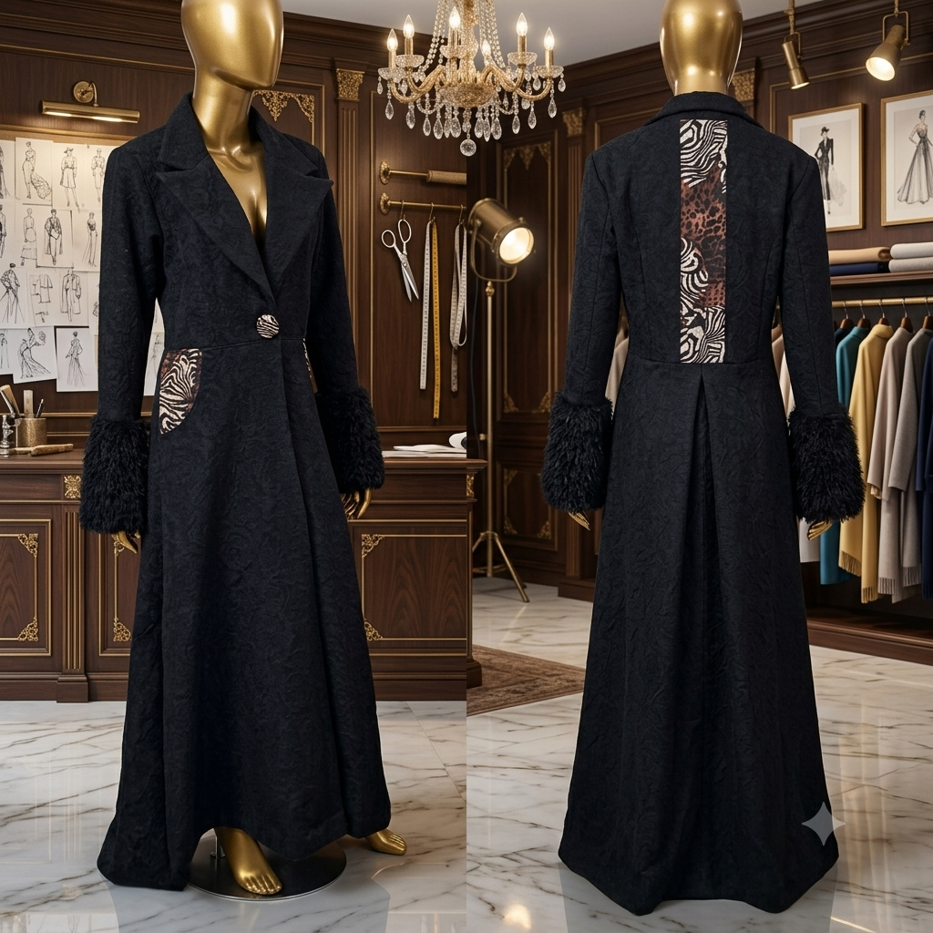 Front and back full-length views of a black OOO-AṢA coat with printed back detail