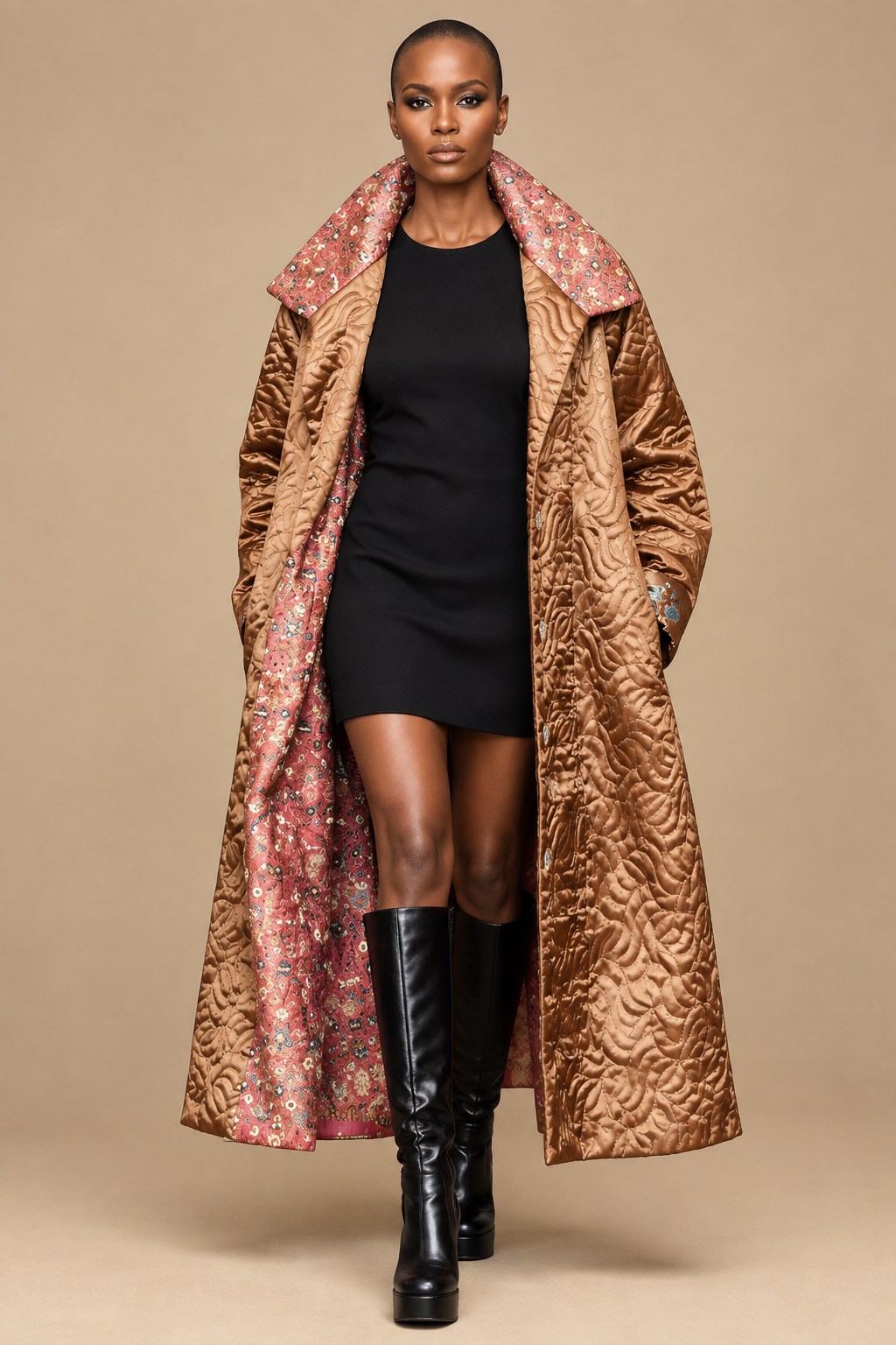 Full-length bronze quilted OOO-AṢA coat