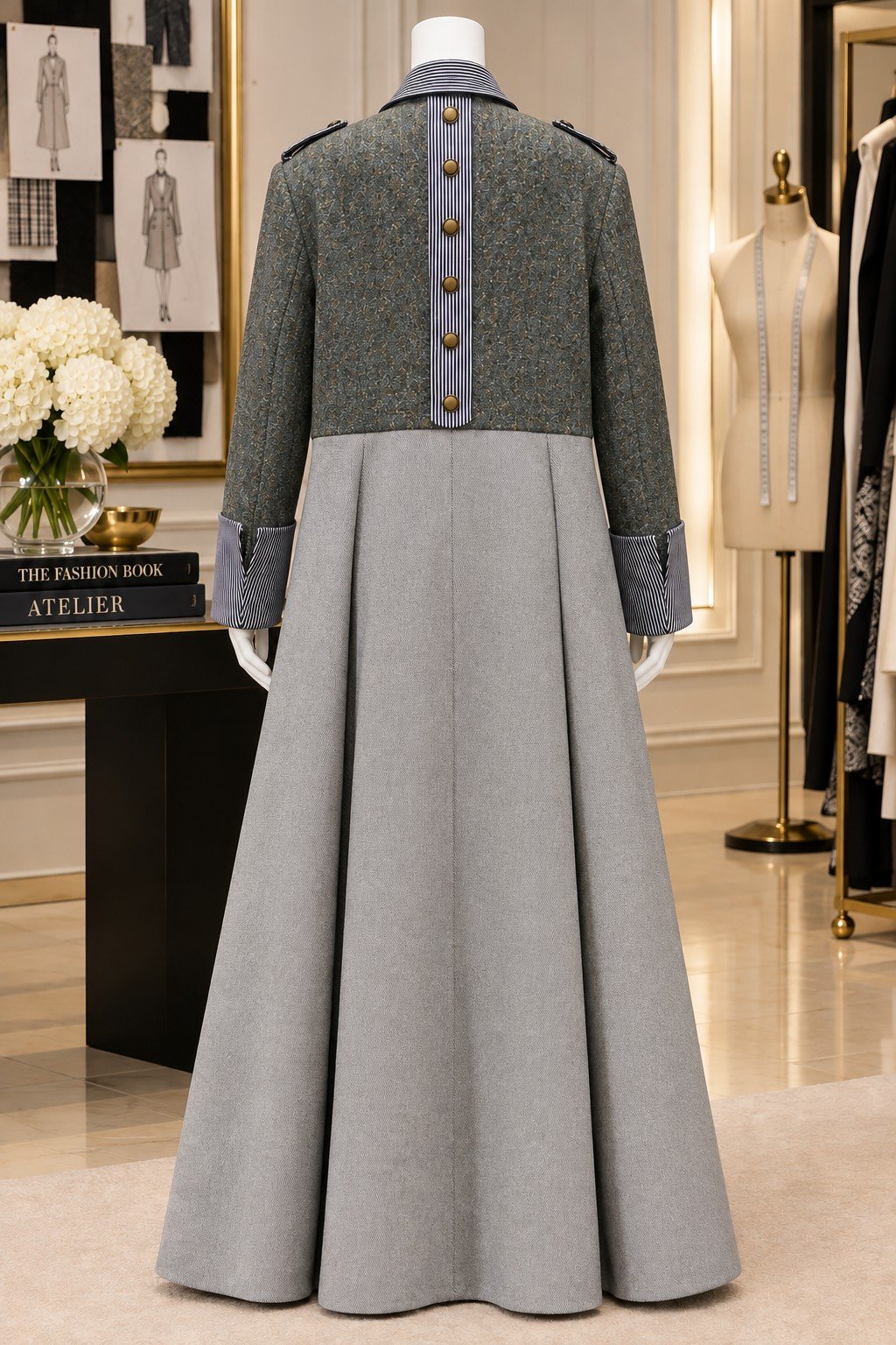 Back view of The Kensington Echo with the buttoned pinstripe spine detail, on a mannequin
