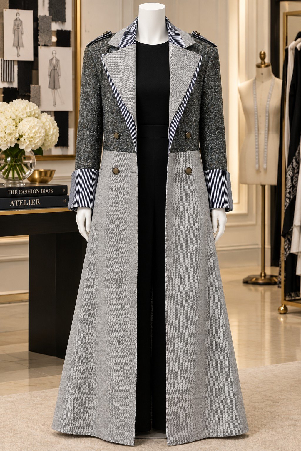 Front view of The Kensington Echo, a maxi coat in tweed wool and textured denim with pinstripe lapels and cuffs, on a mannequin