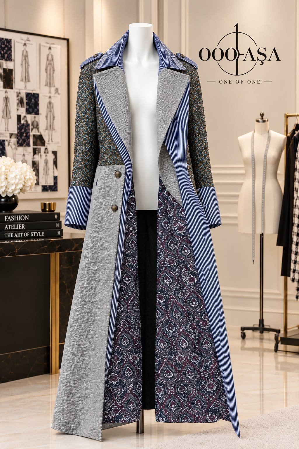 Open front view of The Kensington Echo showing the printed medallion lining in deep plum and midnight blue, with pinstripe lapels and cuffs, on a mannequin