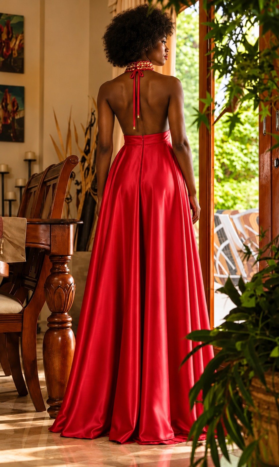 Back view of Scarlett Nights showing the open back finished with delicate ties and the embellished gold collar