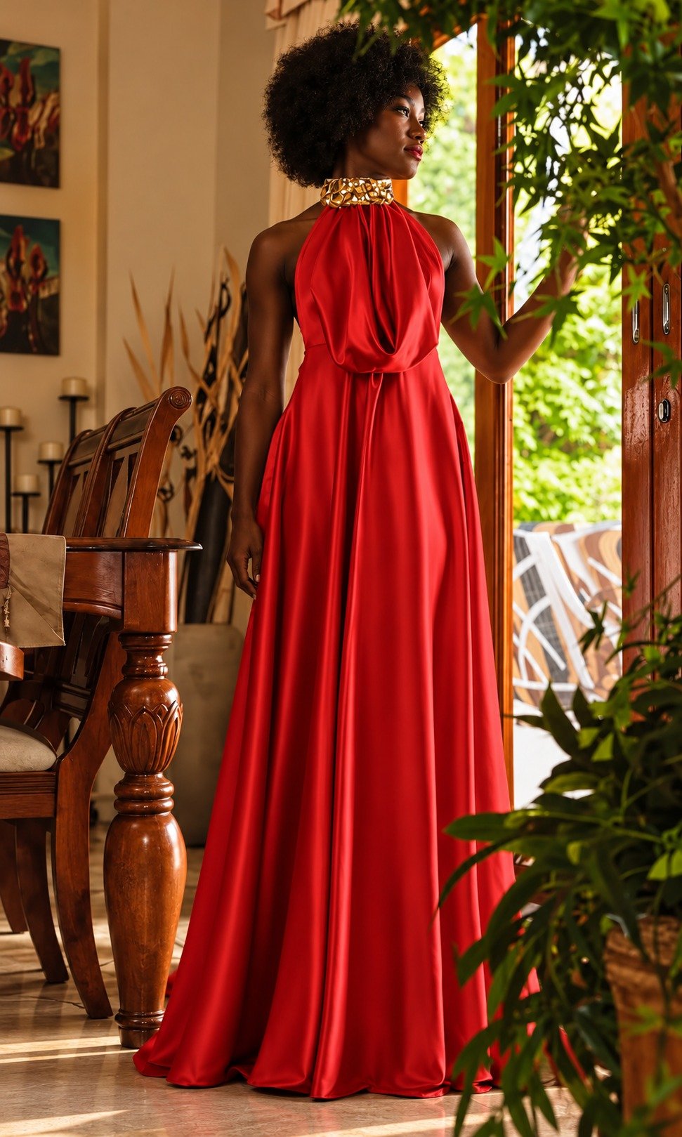 Scarlett Nights in luminous red satin with an embellished gold collar, worn by a model, front view
