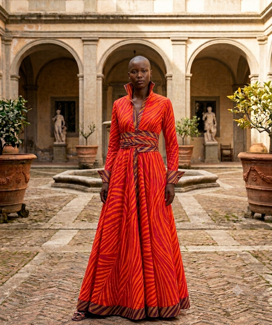 Full-length view of the orange and red Le Fue Coat Dress