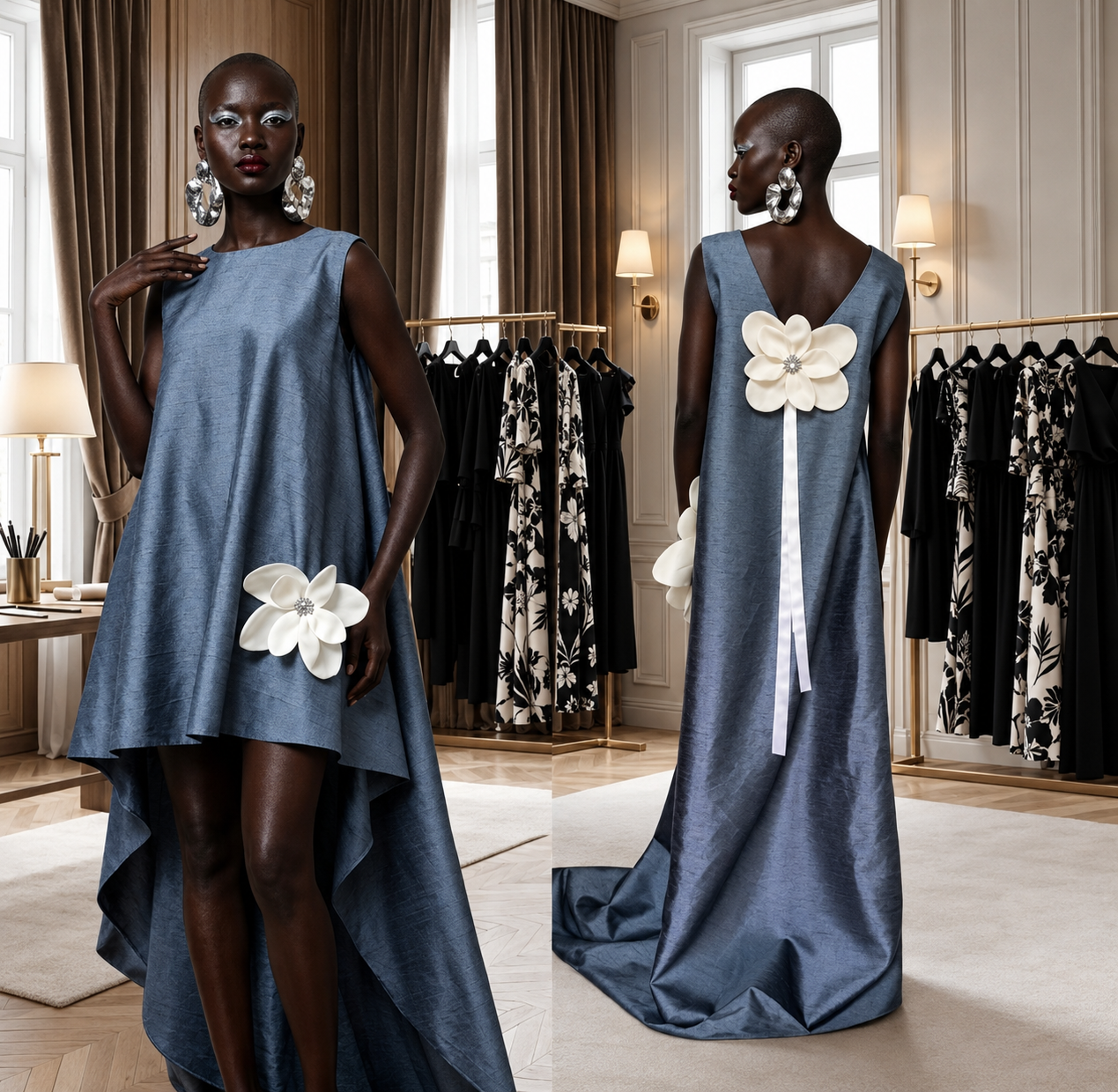 Front and back full-length views of the Silver Lily Dress, Style 2695