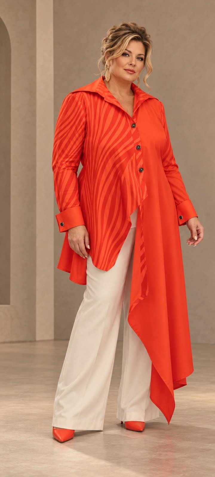 Orange and fire-print Le Fue Maxi-Shirt with French cuffs and an asymmetric hemline, styled with ivory trousers