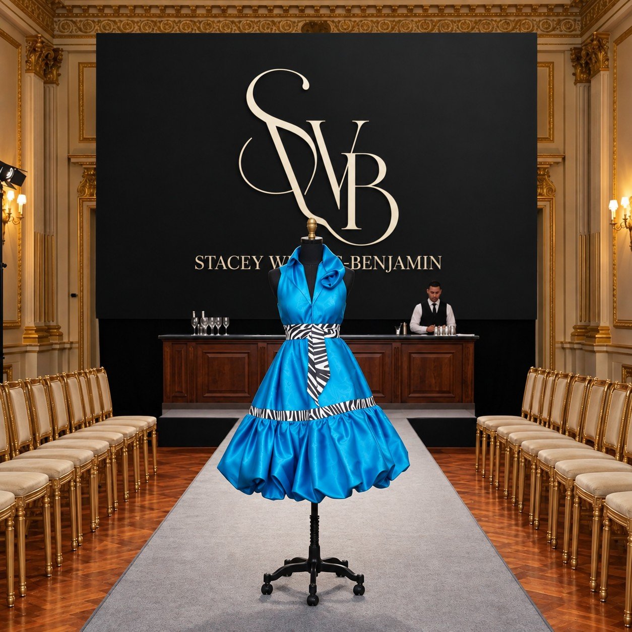 The Cerulean Cloud on a dress form at the Stacey Weekes-Benjamin runway presentation, with the seats empty