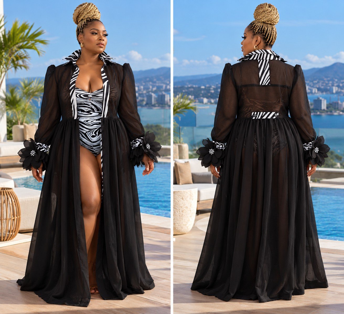 The Wild Flower Riviera Robe in Noir black, front and back views: a sheer long robe with a zebra-print collar and placket and flower-trimmed cuffs, worn over a zebra-print swimsuit