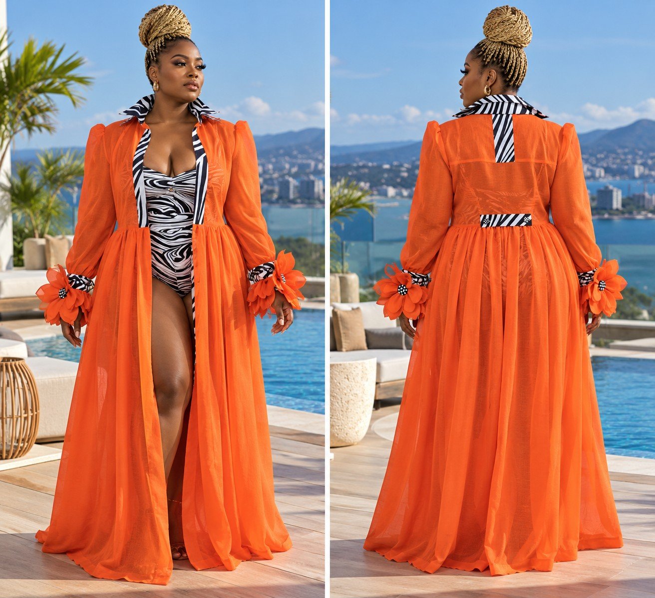 The Wild Flower Riviera Robe in Sunfire orange, front and back views: a sheer long robe with a zebra-print collar and placket and flower-trimmed cuffs, worn over a zebra-print swimsuit