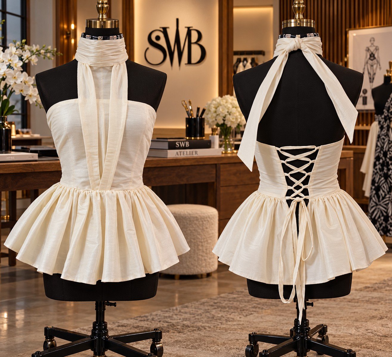 The Yana Top in ivory, front and back views on two dress forms, with a draped scarf neckline, a flouncy peplum and a laced corset back