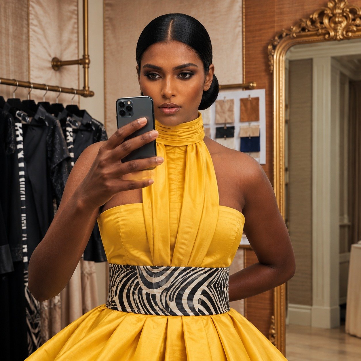 Model wearing the Yana Top in golden yellow, with a pleated bib, an elevated mock neck and a printed corset belt, holding a phone